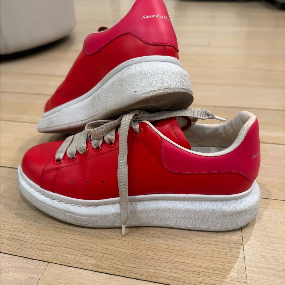 Alexander McQueen Red Sneakers with Pink Heel Tab and White Sole